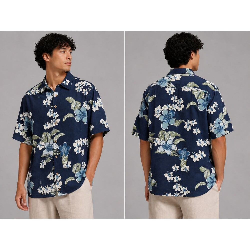 Tommy Bahama Hawaiian Camp Shirt Mens Large Blue Floral Silk Blend Button Up